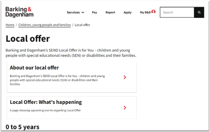 Screenshot of the old Local Offer webpages on the LBBD website.